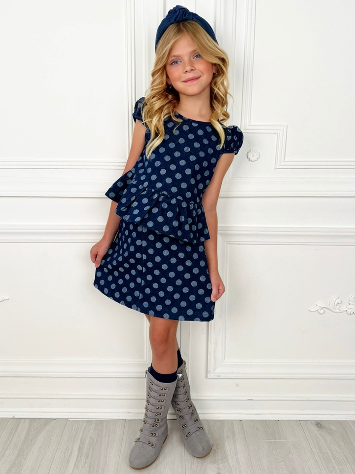 Polka Dot Peplum Matching Denim Top and Skirt Set