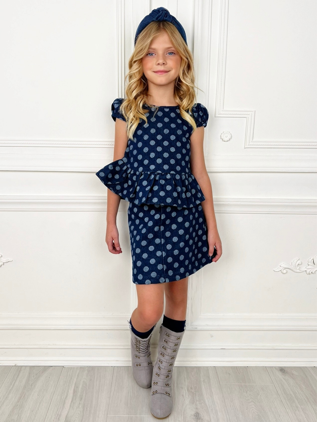 Polka Dot Peplum Matching Denim Top and Skirt Set