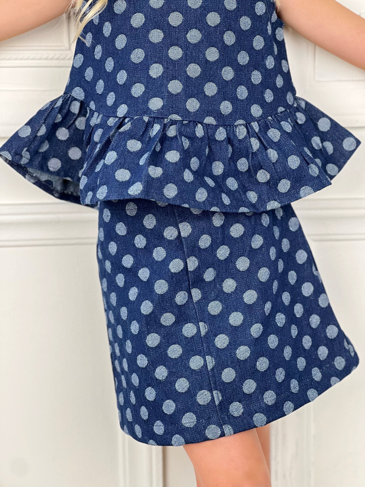 Polka Dot Peplum Matching Denim Top and Skirt Set