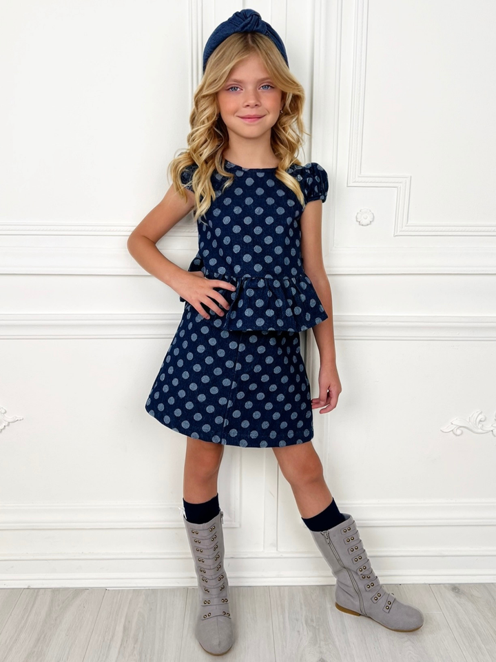 Polka Dot Peplum Matching Denim Top and Skirt Set