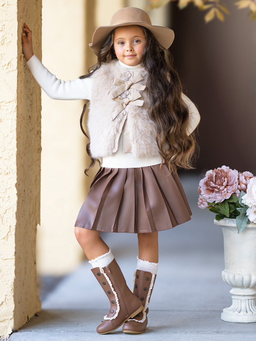 Taupe Faux Fur Bow Vest and Brown Pleated Skirt Set
