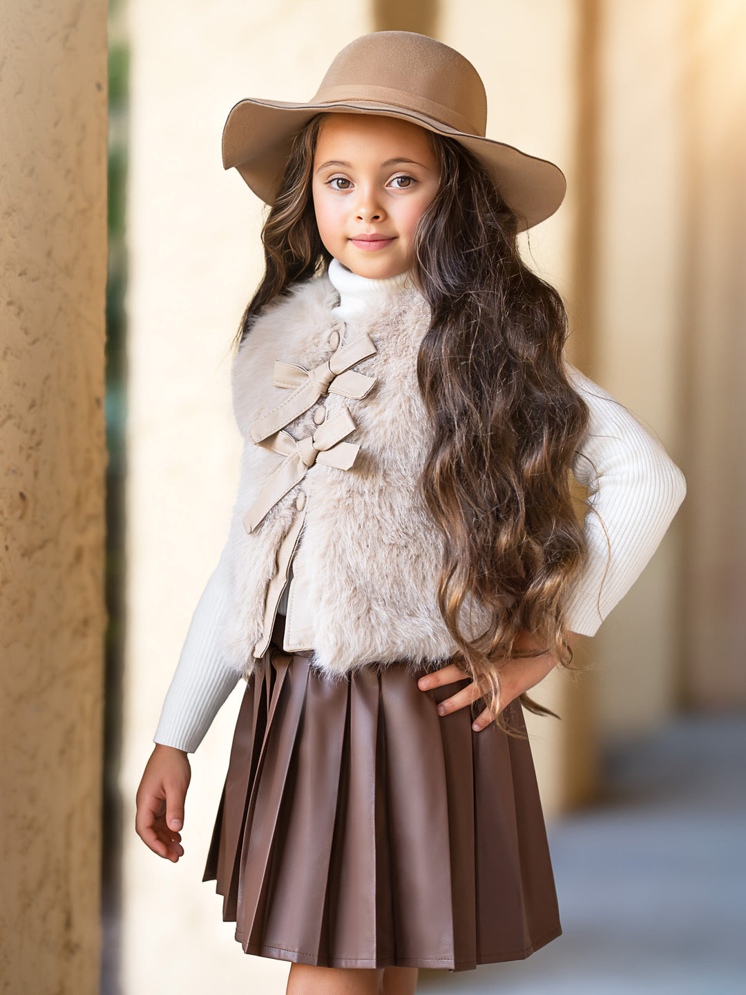 Taupe Faux Fur Bow Vest and Brown Pleated Skirt Set