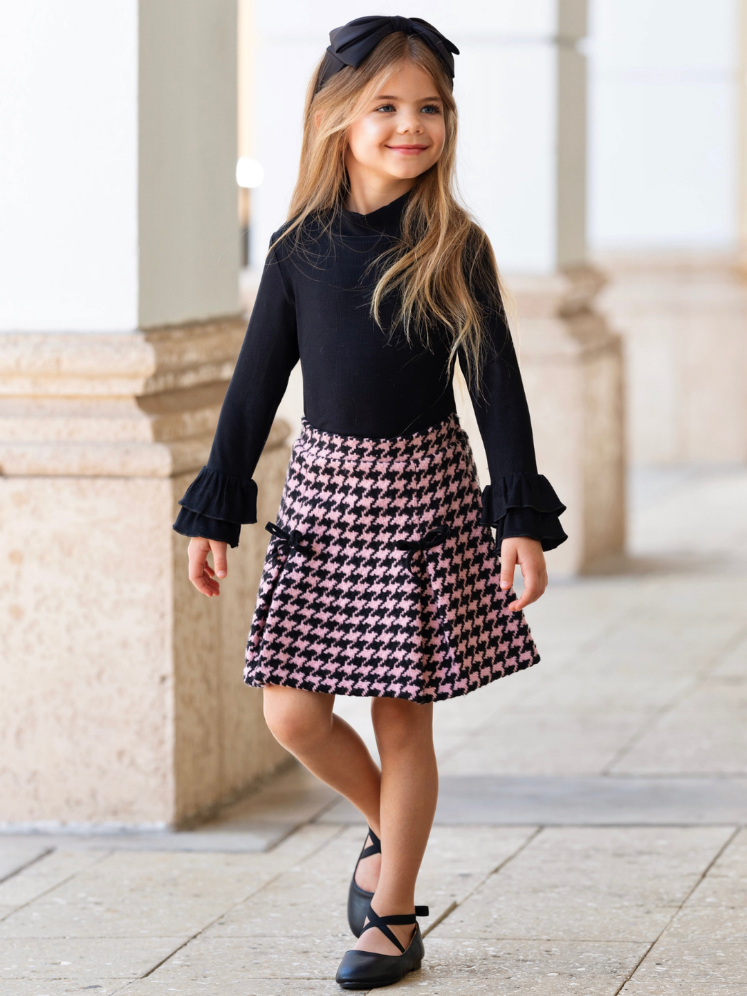 Girls houndstooth skirt set with ruffle sleeve top and bow accents