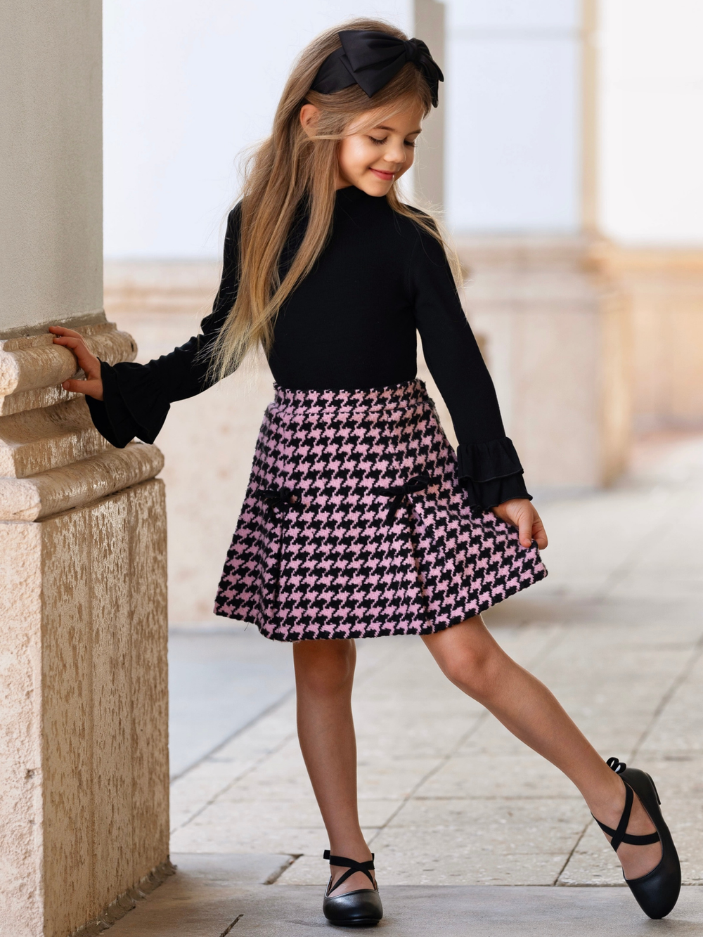 Pink and black houndstooth girls skirt set for family photos, holidays, and fall events
