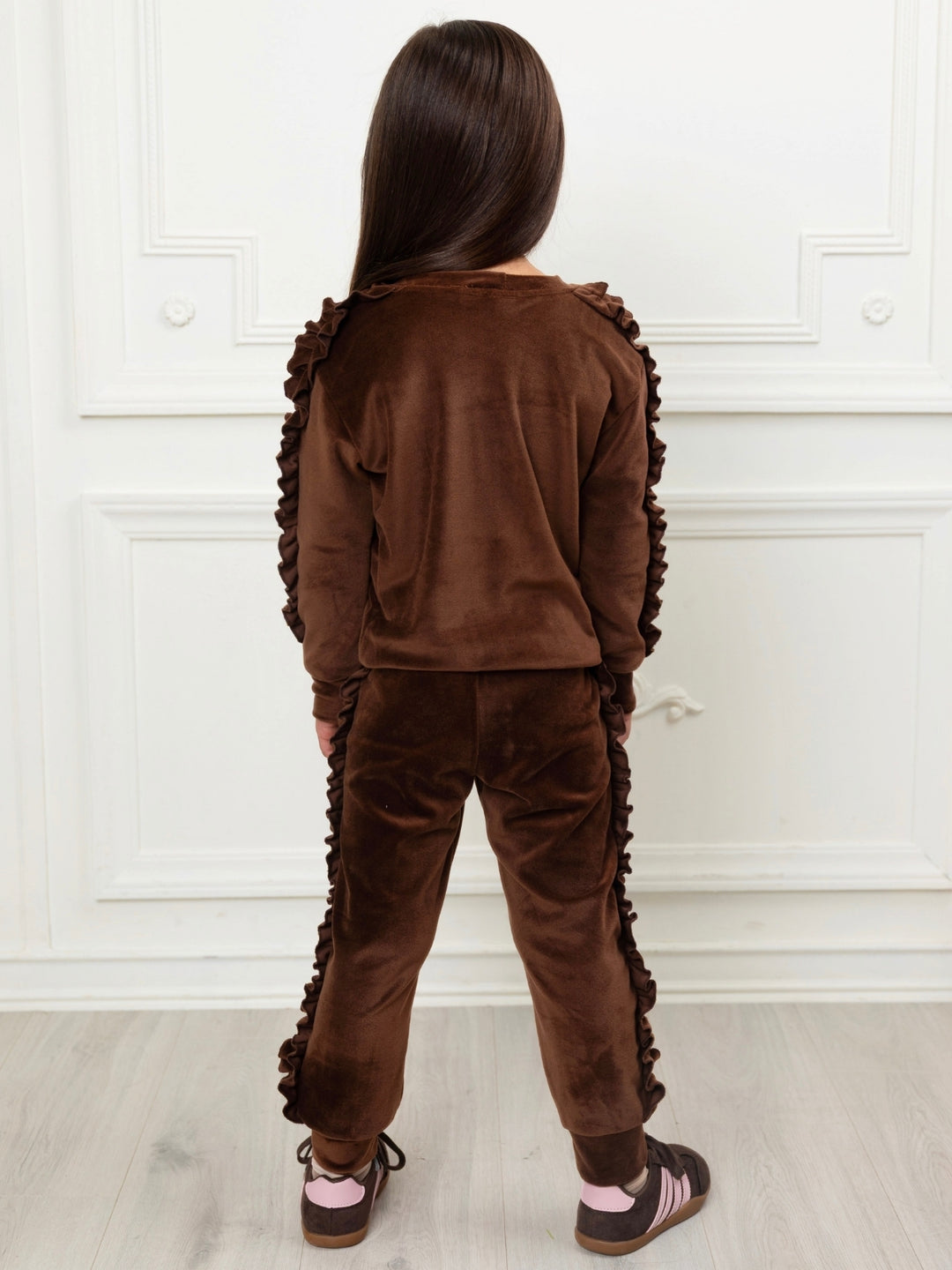 Brown girls lounge set with statement ruffle trim