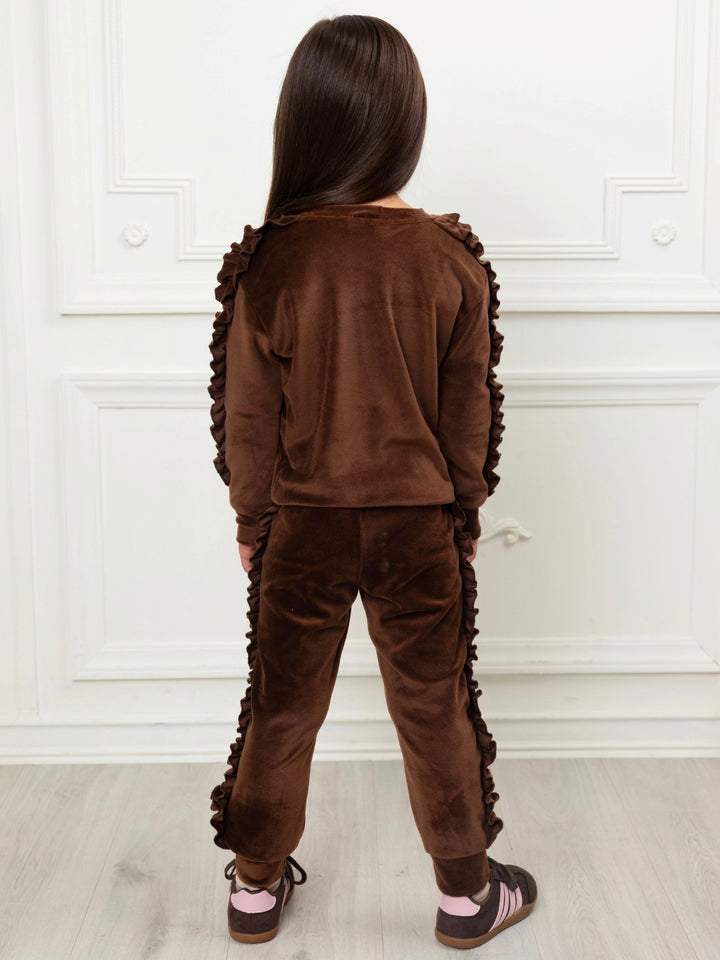 Brown girls lounge set with statement ruffle trim