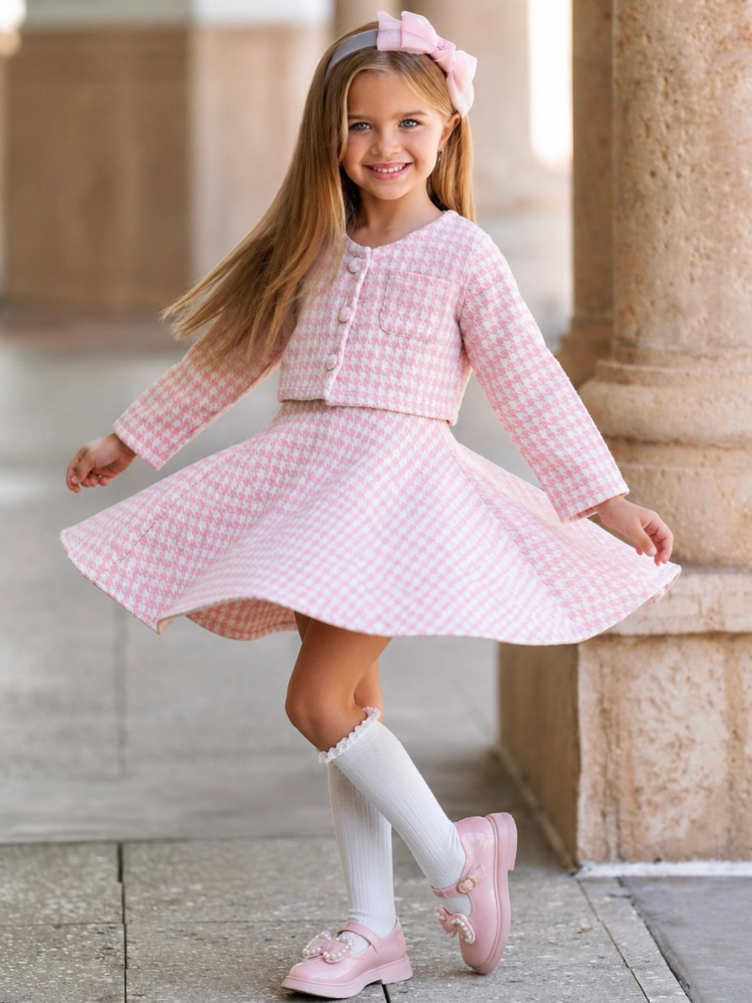 pink houndstooth dress DL1961 | Hana With its 4 Houndstooth Dress with Bow Pockets
