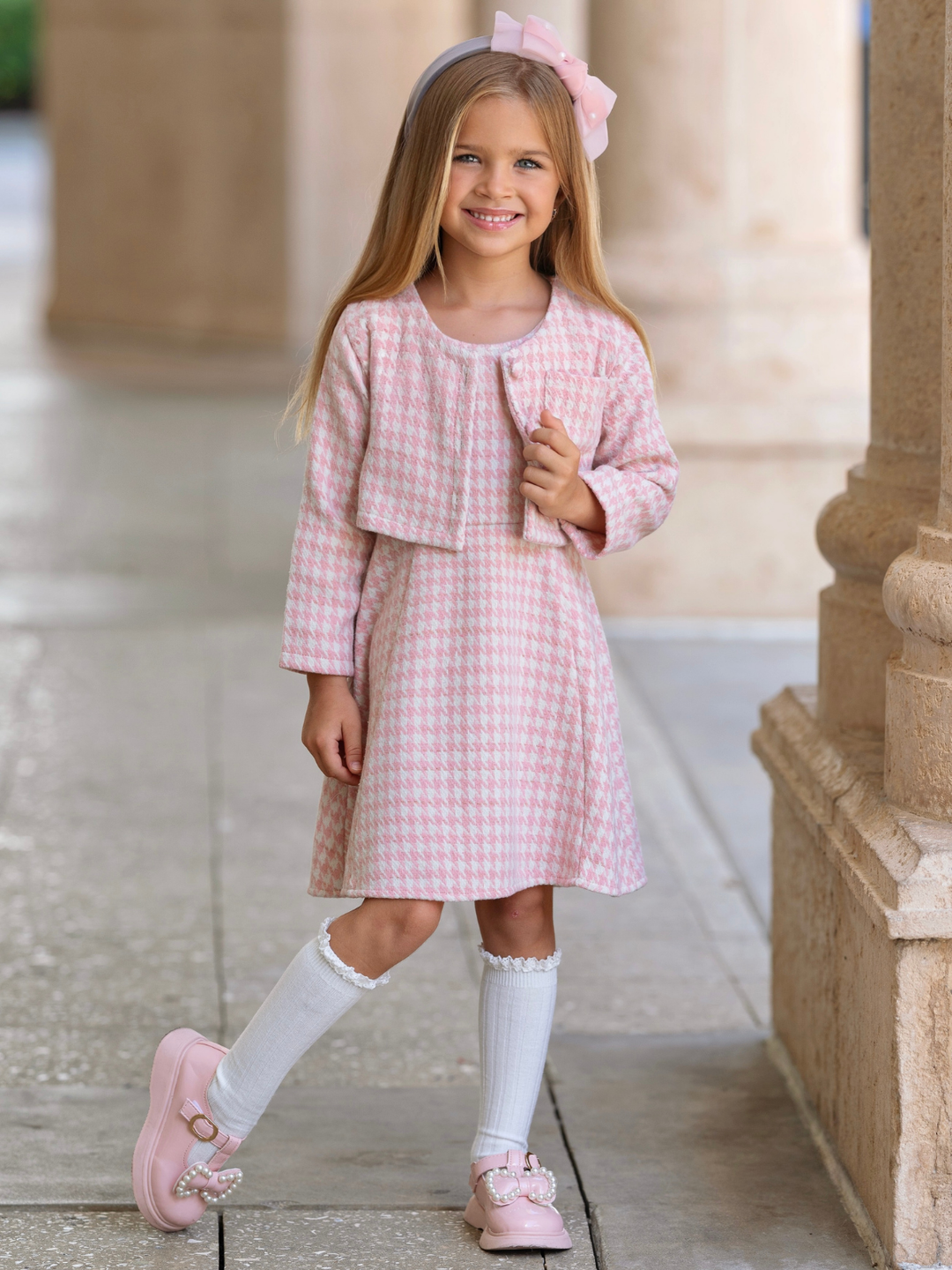 Pretty Poise Houndstooth Matching Jacket & Dress Set Pink / 2T/3T