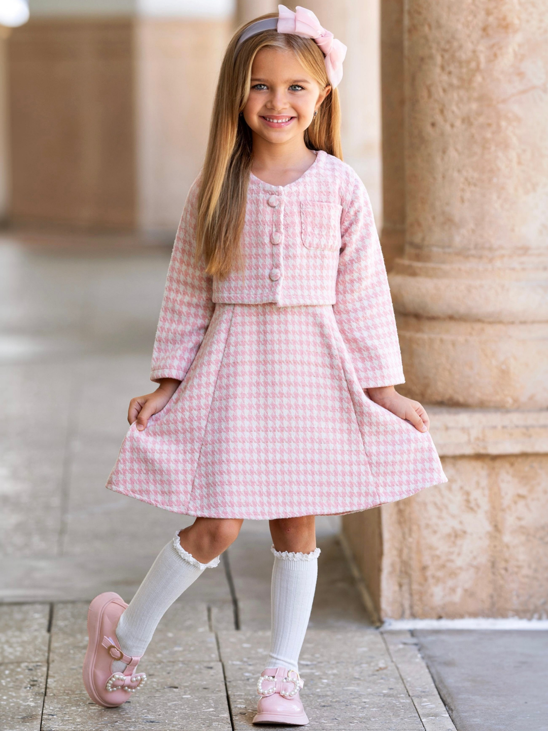 Girls houndstooth dress and matching cardigan for photos, church, and holiday celebrations.