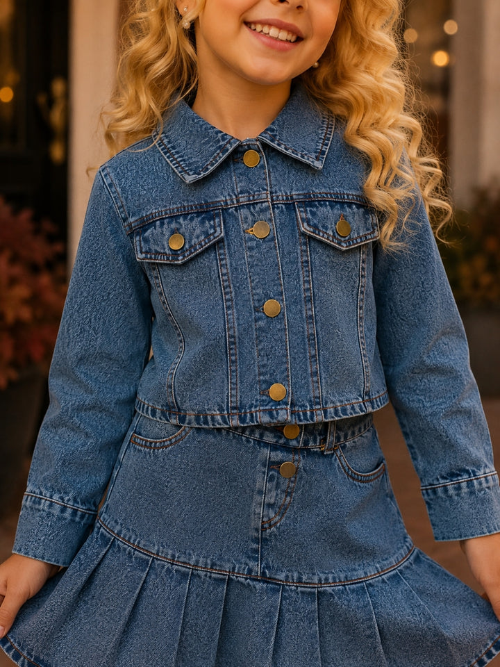 Girls blue denim matching set with cropped jacket and pleated skirt.