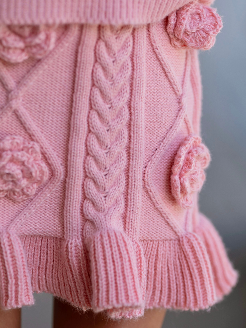 Pink girls cable knit sweater skirt set with floral rosette details for fall special occasions