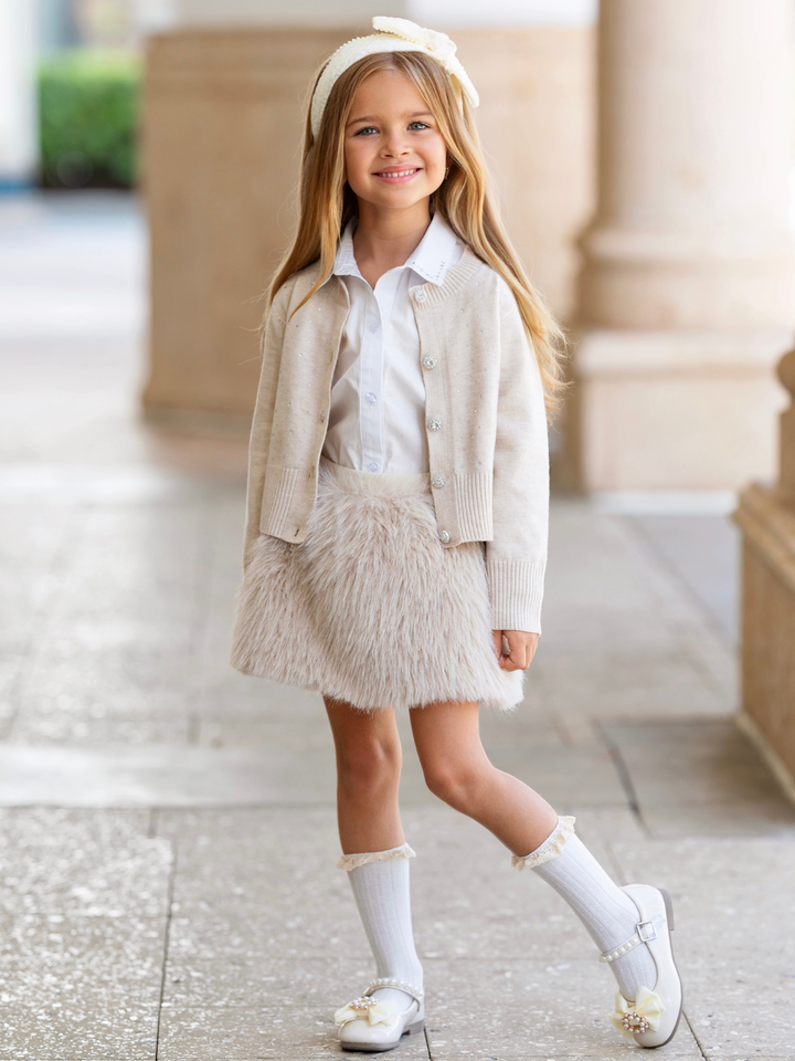 Graceful Glam Cardigan and Faux Fur Skirt 3-Piece Set