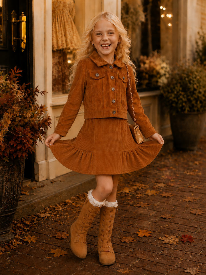 Girls fall corduroy jacket and skirt set for family photos.