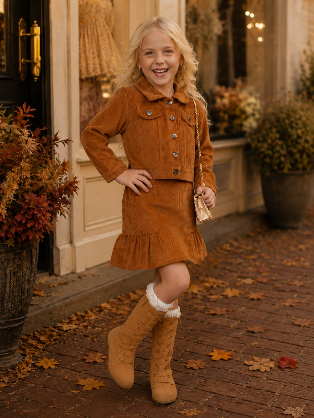Girl wearing a brown corduroy jacket and matching skirt set.