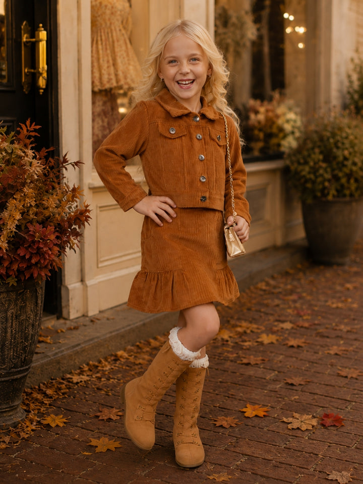 Girl wearing a brown corduroy jacket and matching skirt set.