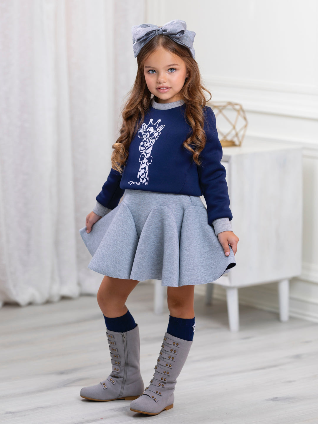 Navy Giraffe Glam Sweatshirt by Kids Couture Mia Belle Girls
