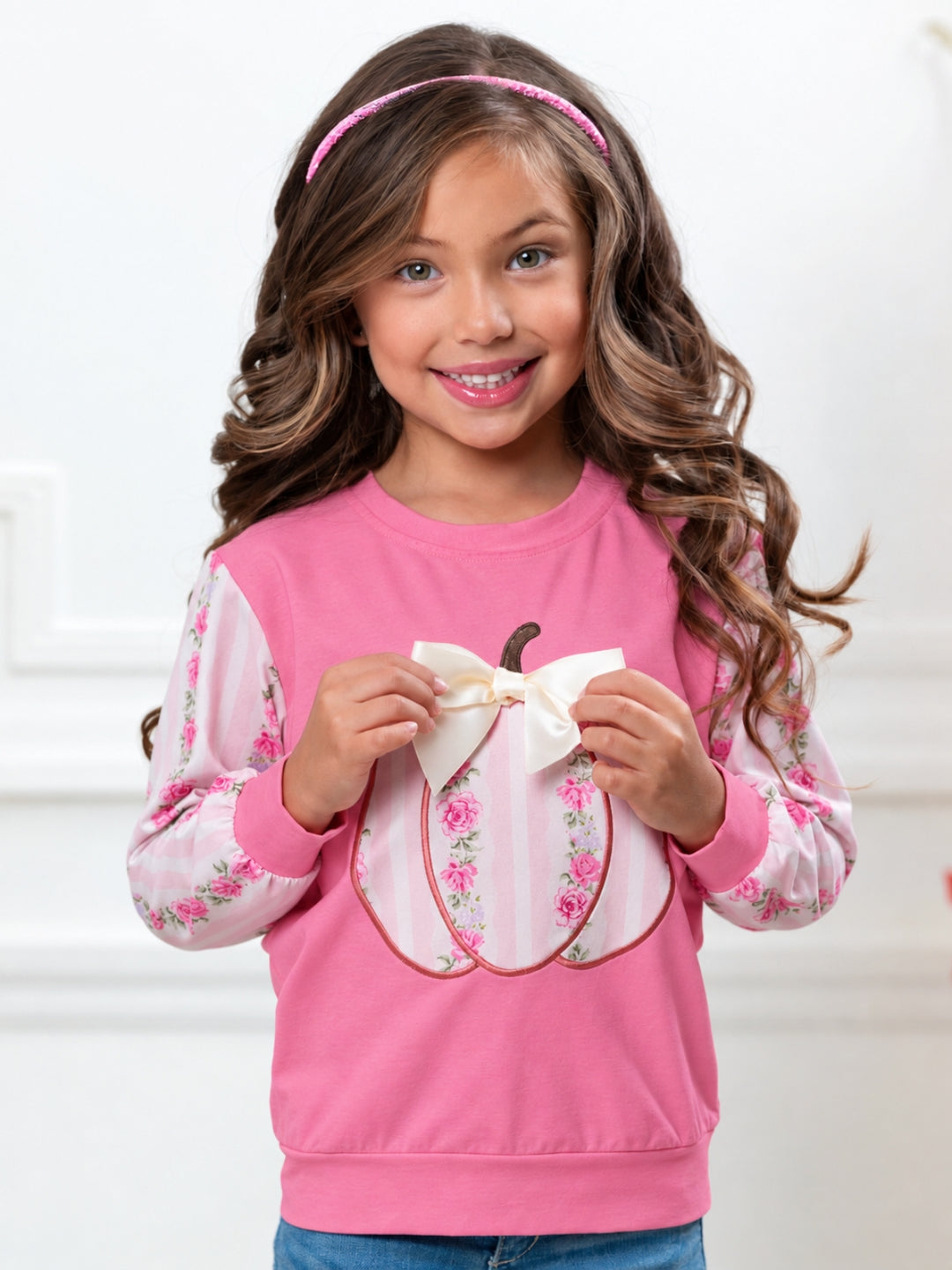 Blushing Pumpkin Floral Bow Long Sleeve Top