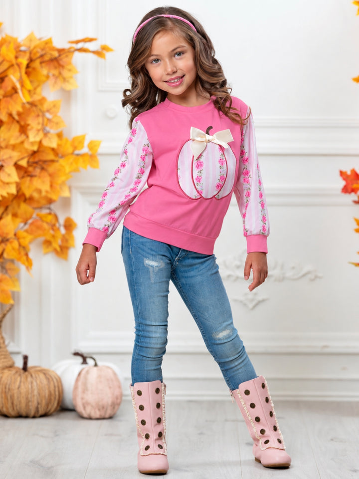 Blushing Pumpkin Floral Bow Long Sleeve Top