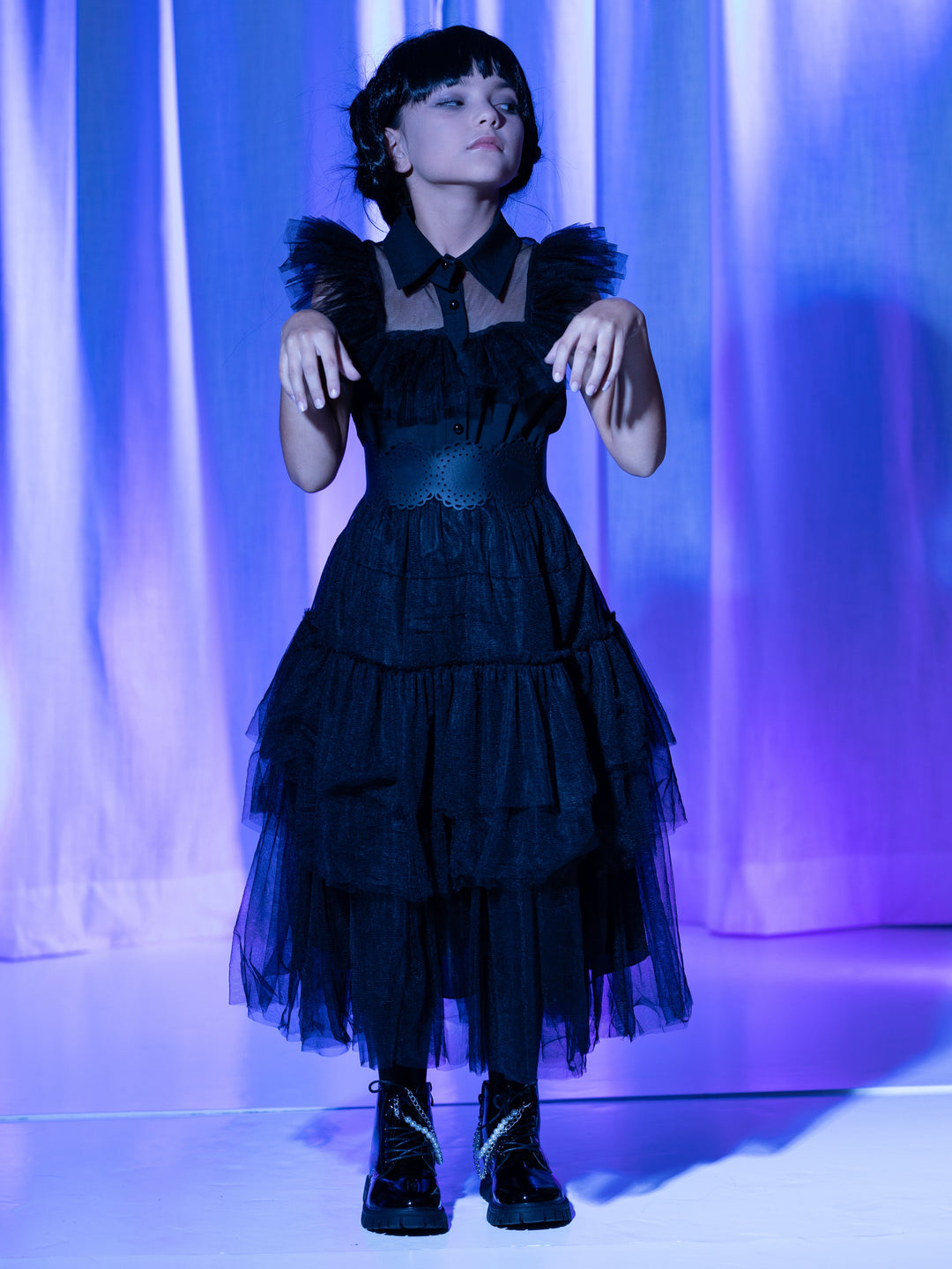 Girls Wednesday Prom Dance Tulle Costume Dress with Belt Black / 7Y