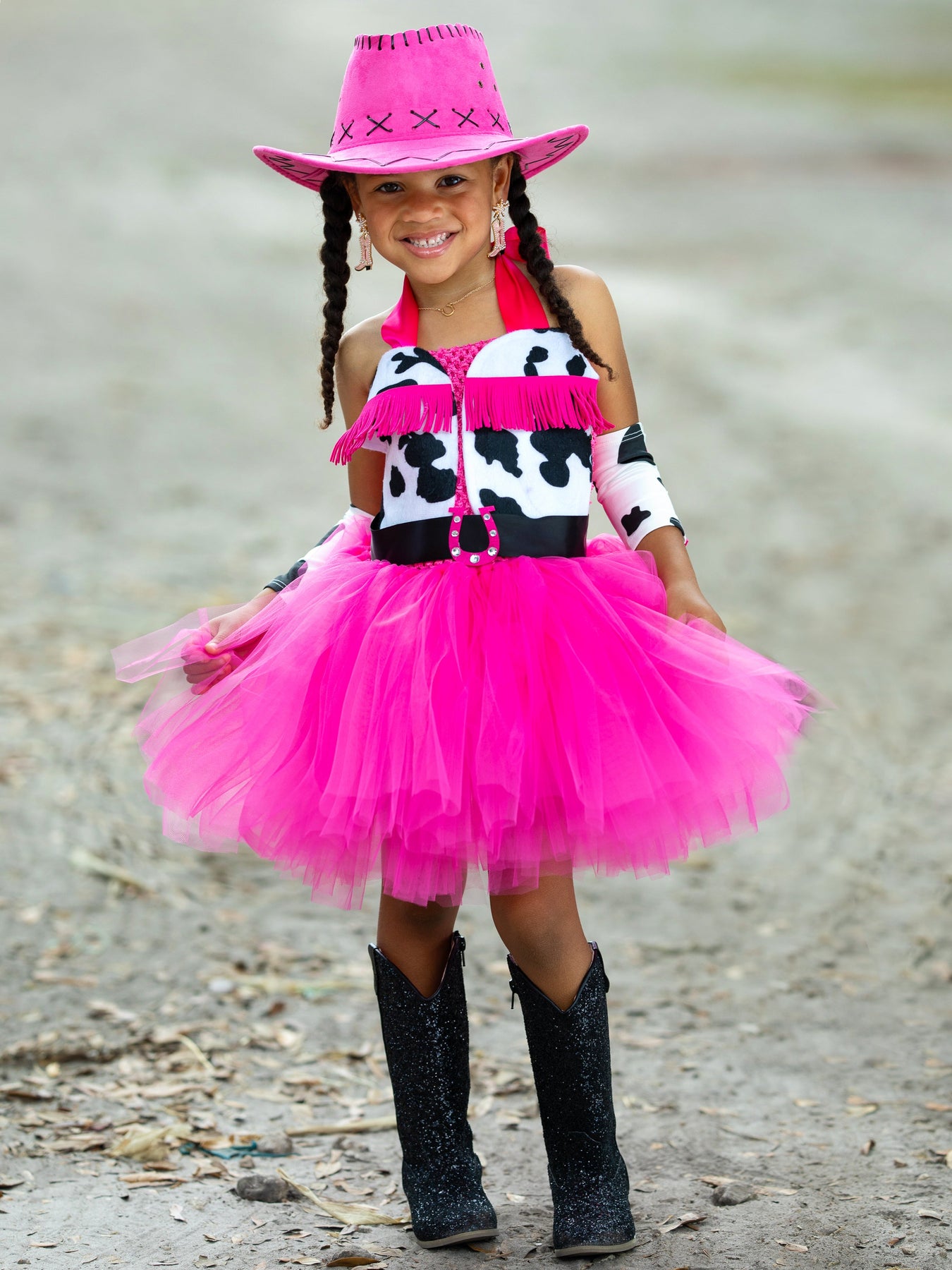 Queen of the Ranch Cowgirl Tutu Costume Dress with Arm Tassels Hot Pink / 6Y