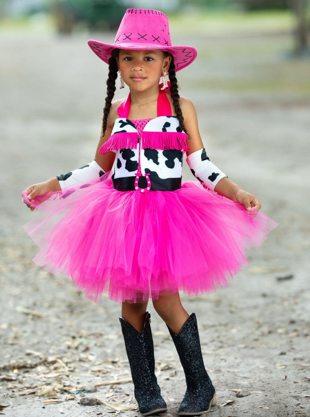 Girls Queen of the Ranch Cowgirl Tutu Costume Dress with Arm Tassels Hot Pink / 6Y