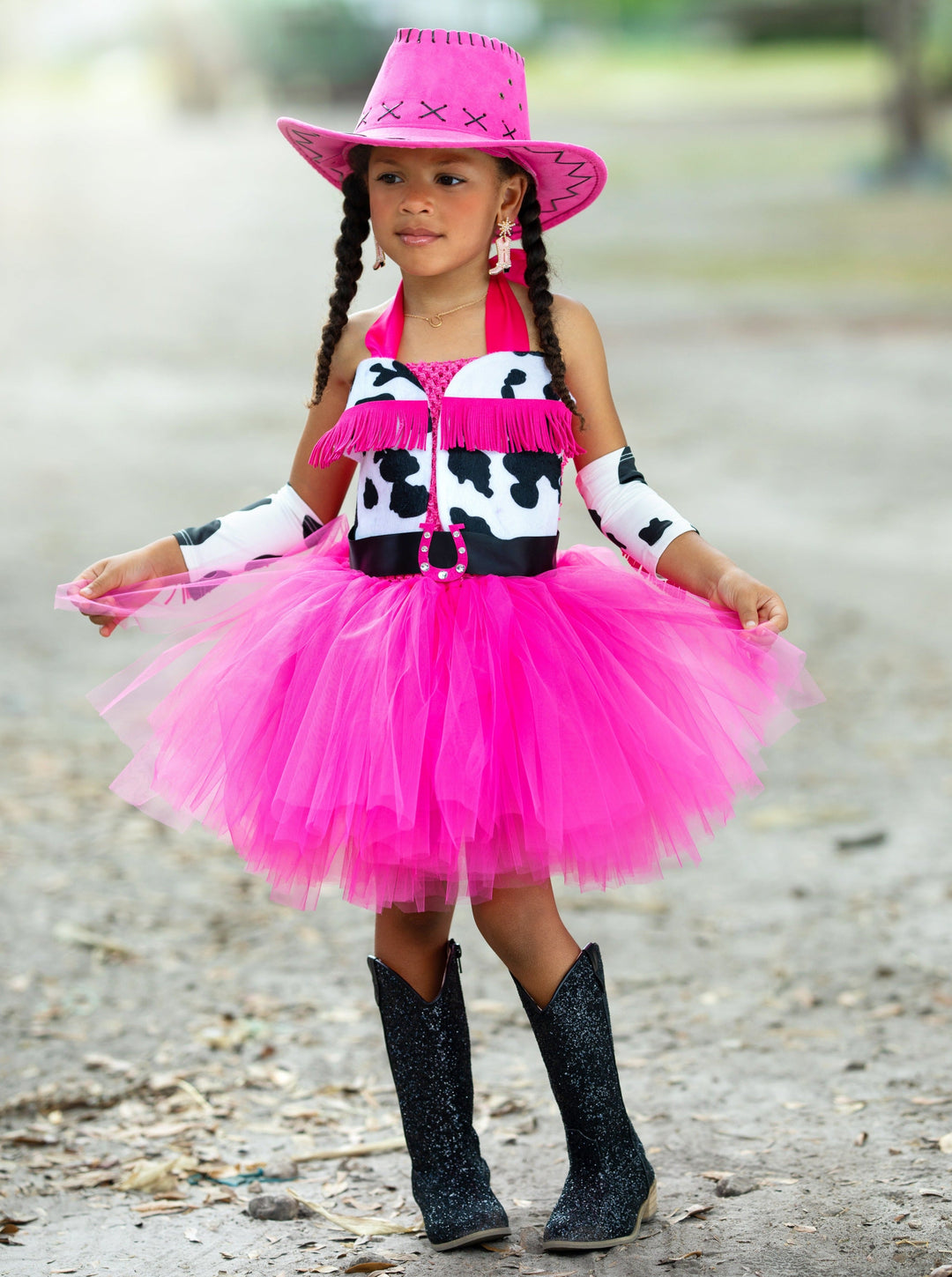 Girls Queen of the Ranch Cowgirl Tutu Costume Dress with Arm Tassels Hot Pink / 6Y