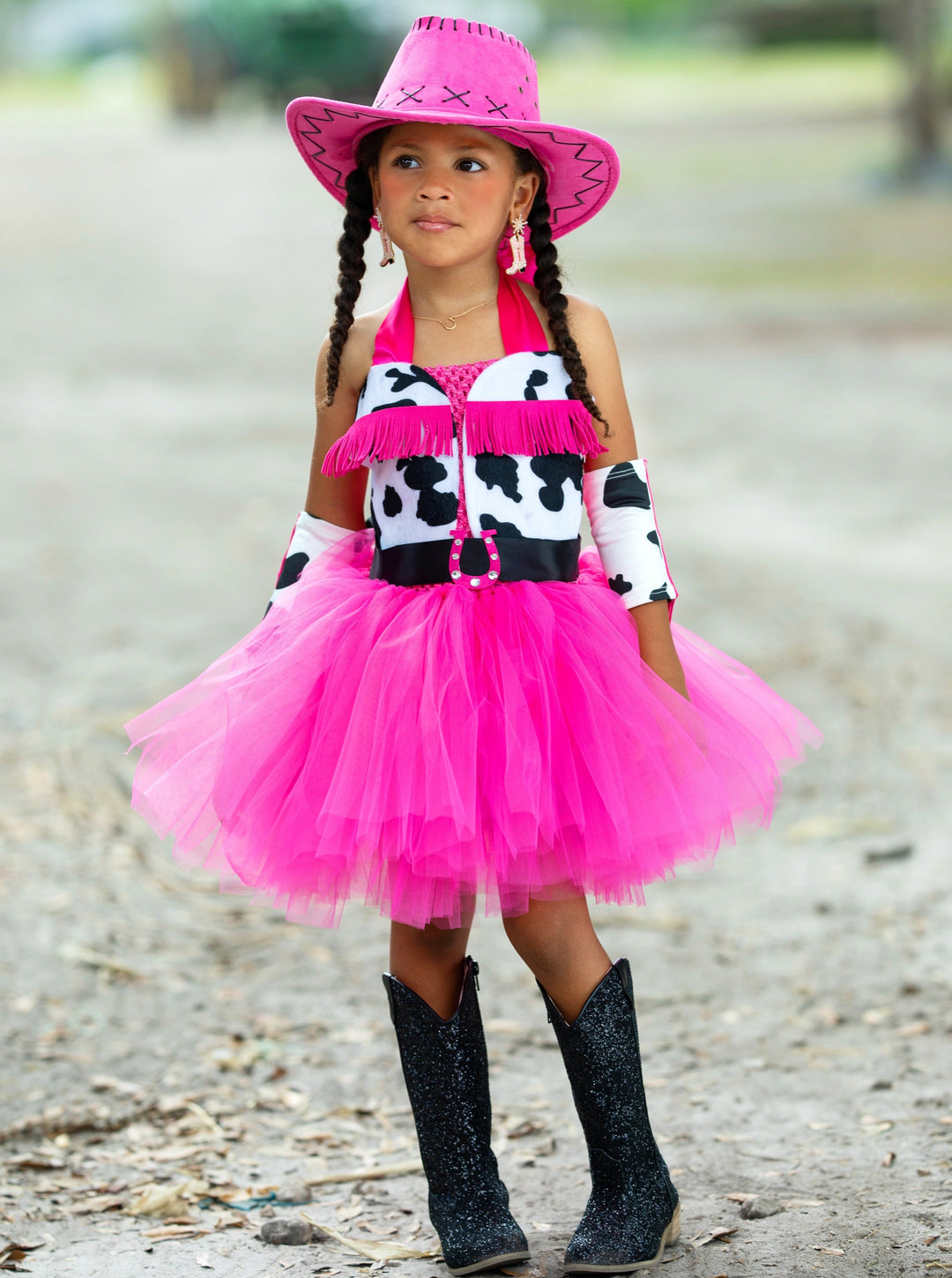 Girls Queen of the Ranch Cowgirl Tutu Costume Dress with Arm Tassels Hot Pink / 6Y