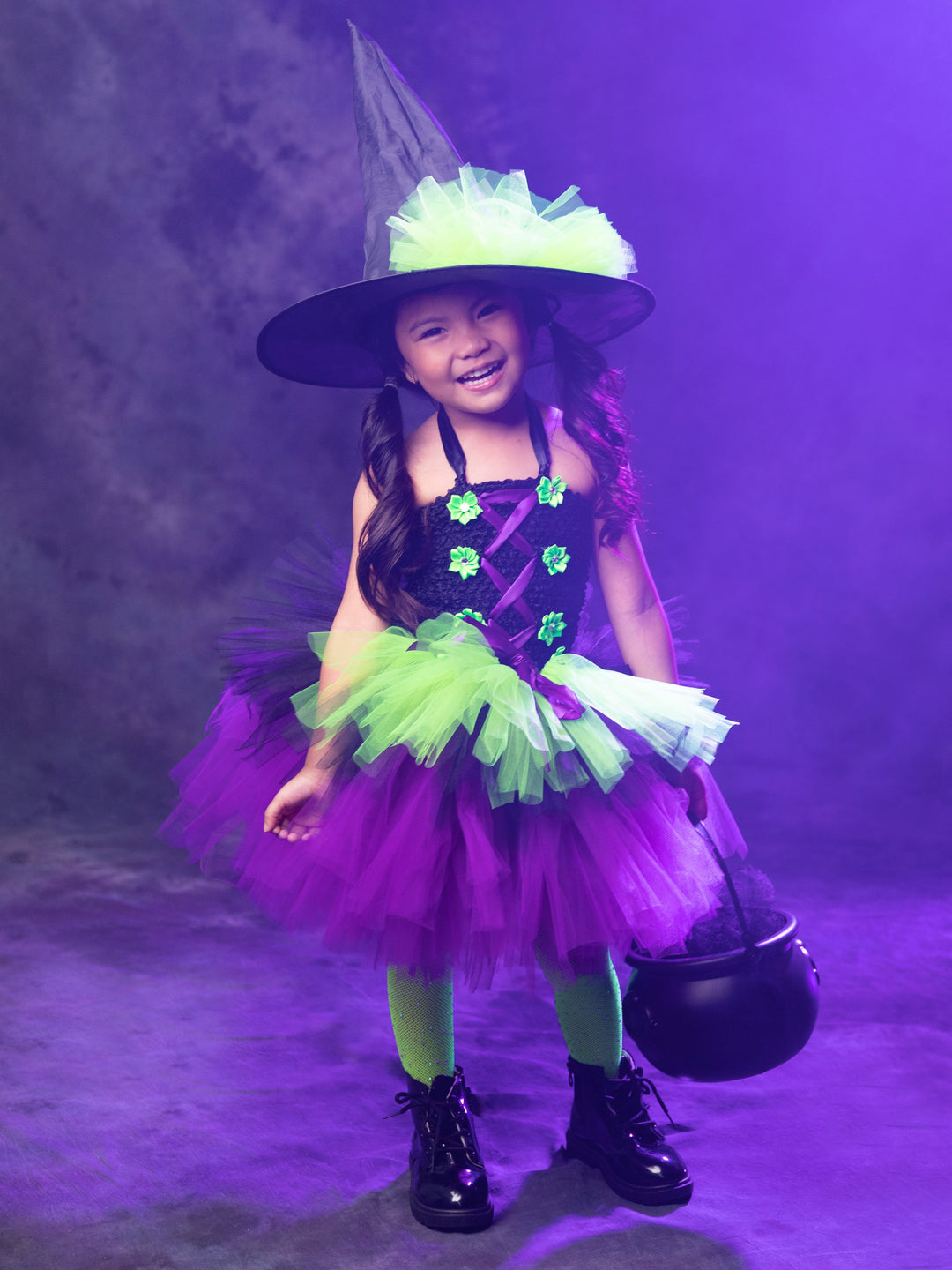 Girls Neon Witch Tutu Costume Dress with Hat Black / 6Y