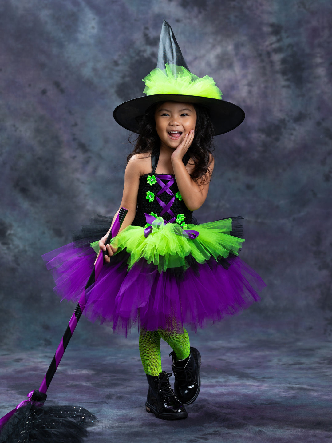 Neon Witch Tutu Costume Dress with Hat Black / 6Y