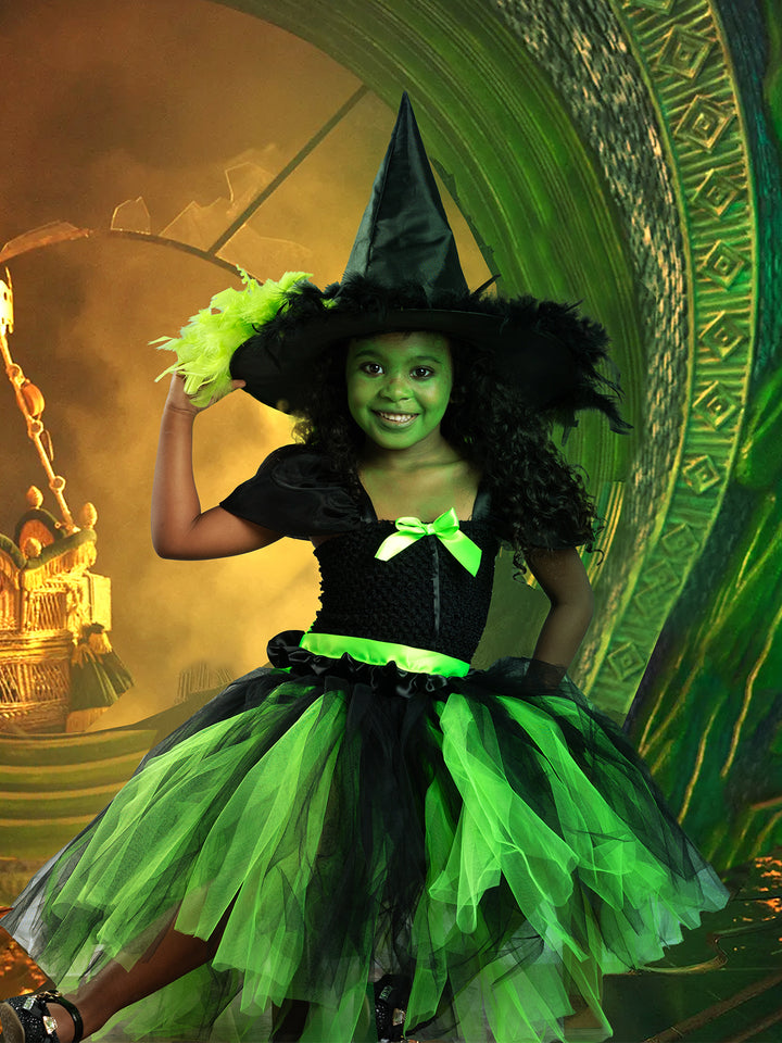 Girls Wicked Green Witch Costume Dress with Hat Mia Belle Girls