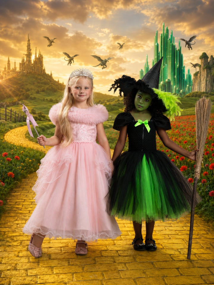 Girls Wicked Green Witch Costume Dress with Hat
