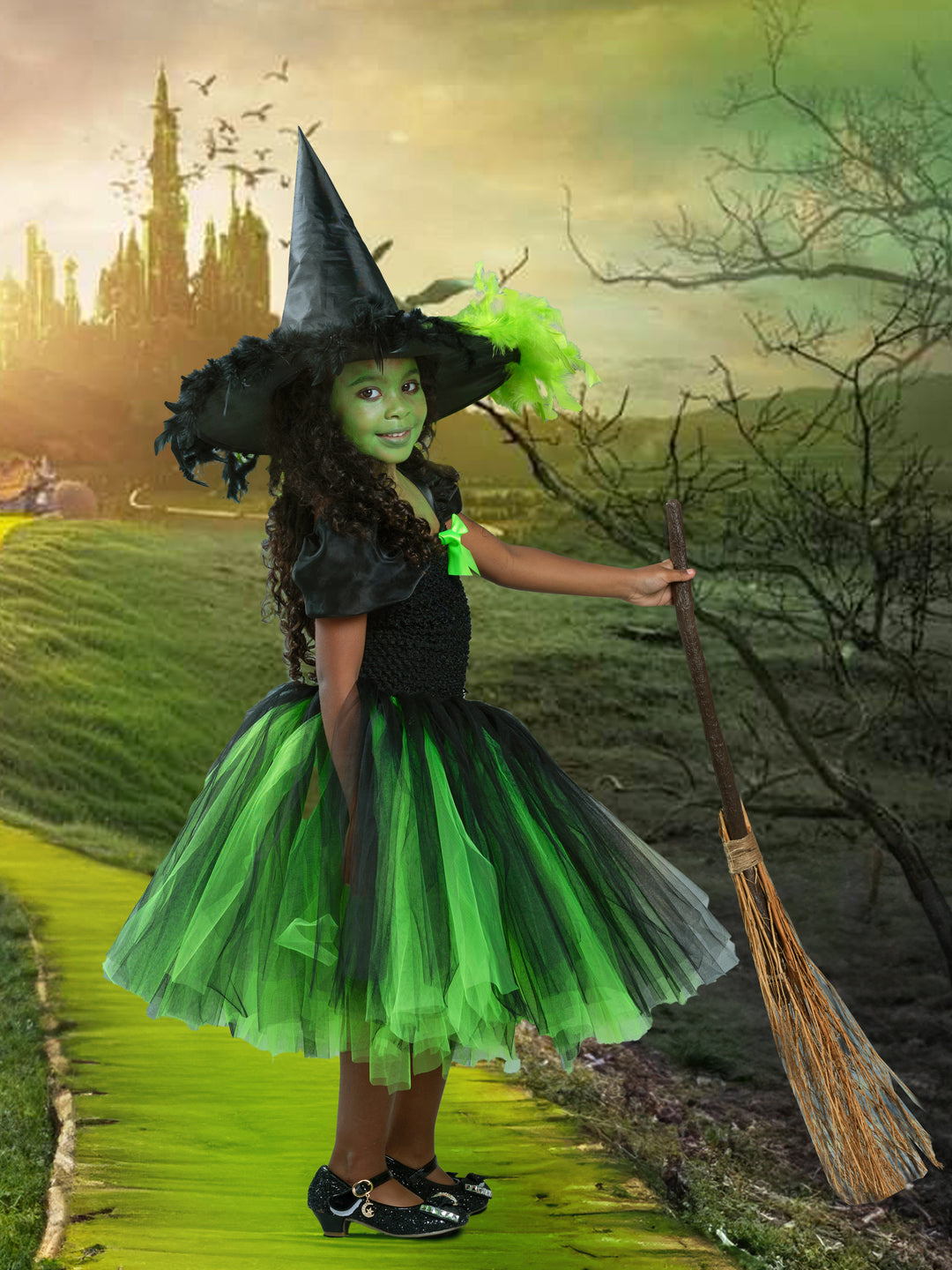 Emerald Green Witch Costume Dress with Hat Black / 3T