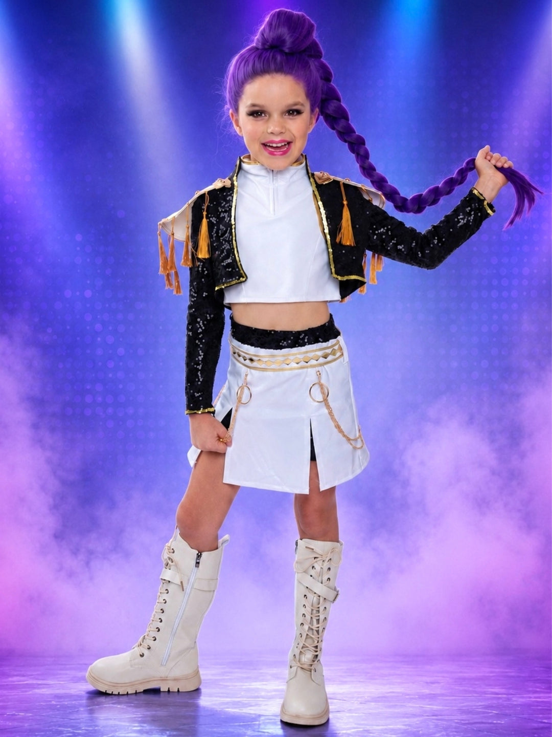 Pop idol Halloween costume for girls with military-inspired stage details.