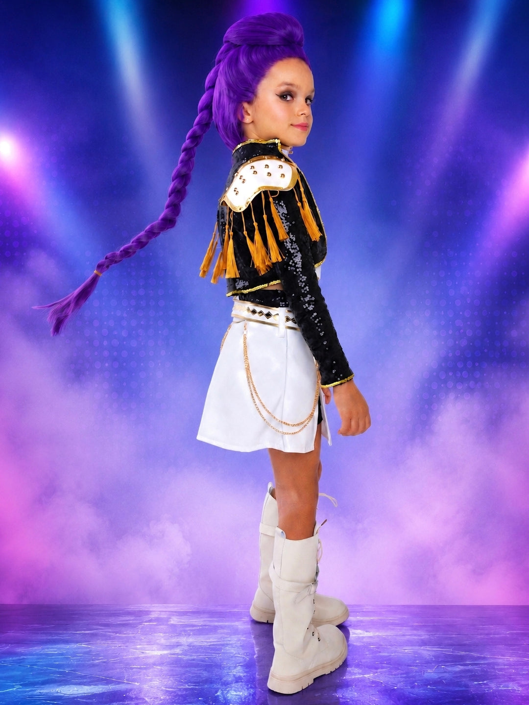 Fantasy pop star costume with purple wig and white lace-up boots.