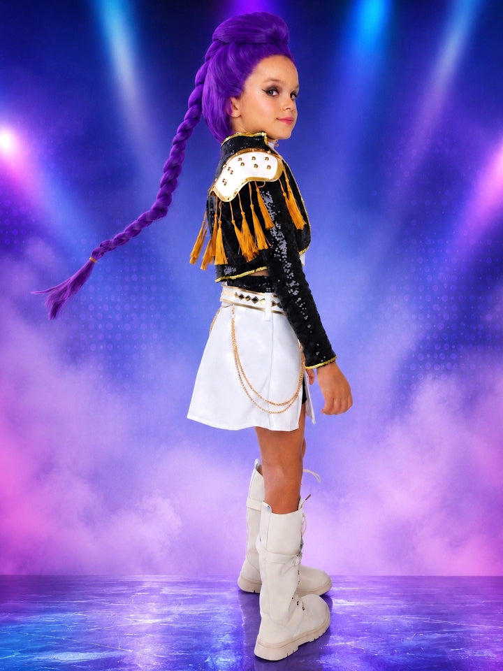 Fantasy pop star costume with purple wig and white lace-up boots.