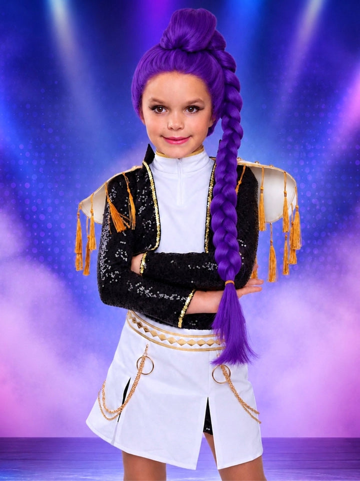 Girls performance-inspired Halloween costume with sparkling sequin jacket.