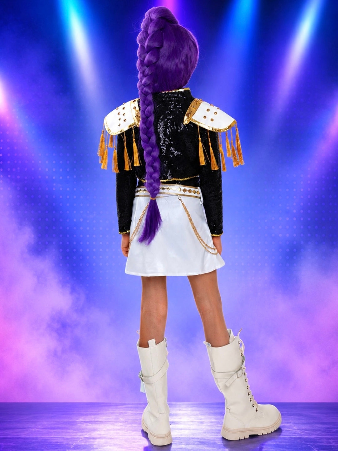 Fantasy pop star costume with purple wig and white lace-up boots.