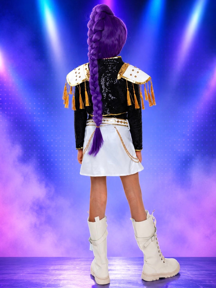 Fantasy pop star costume with purple wig and white lace-up boots.