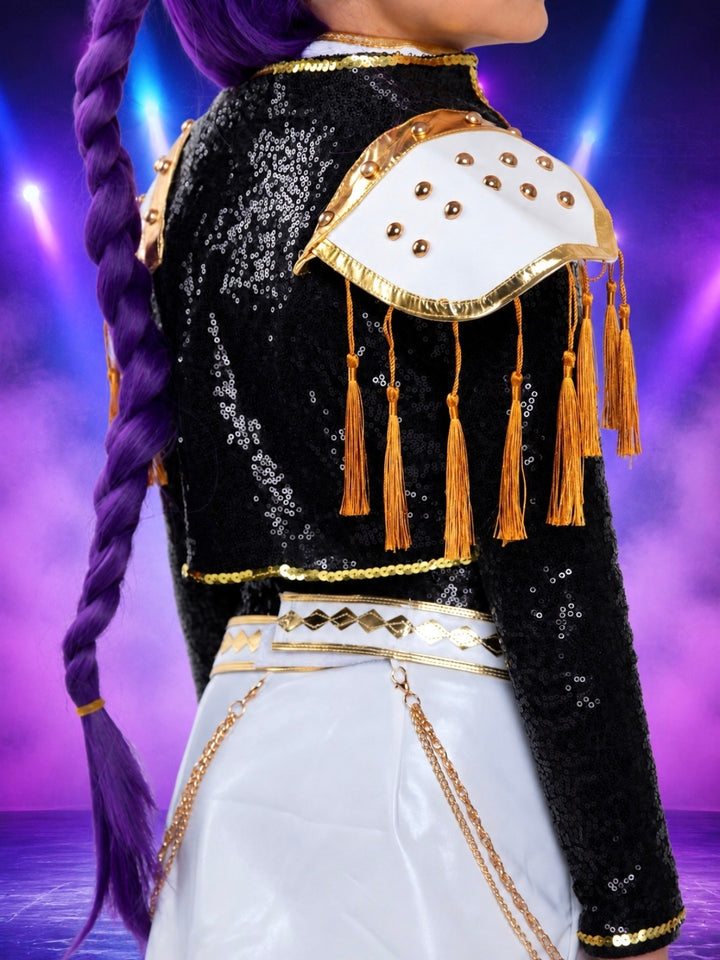 K-pop inspired girls Halloween costume with gold tassels and performance styling.