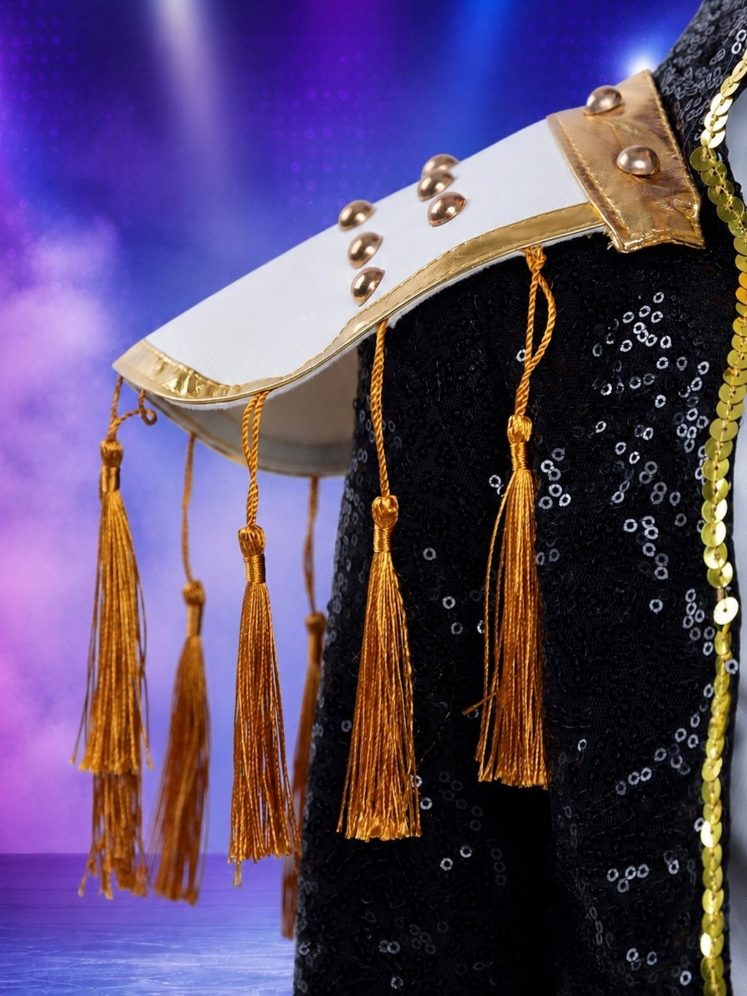 Concert-inspired girls costume featuring a black sequin jacket and white stage outfit.