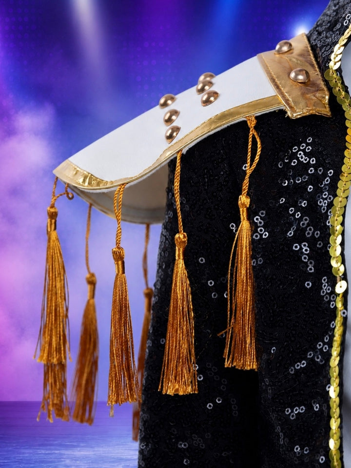Concert-inspired girls costume featuring a black sequin jacket and white stage outfit.