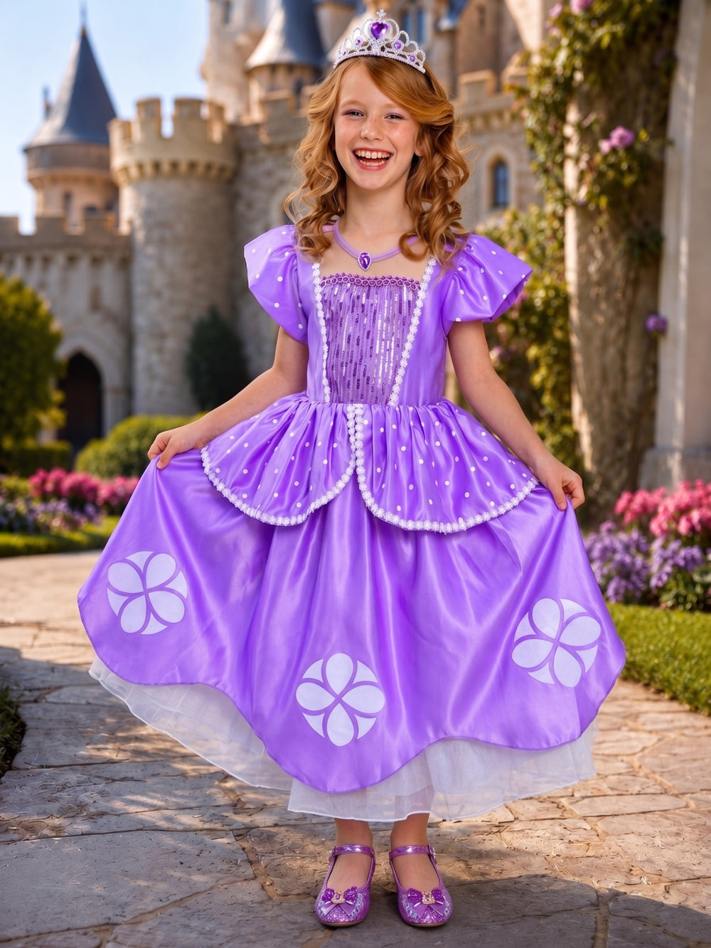 Toddler girl dressed in a purple princess Halloween costume for trick-or-treating and dress-up.