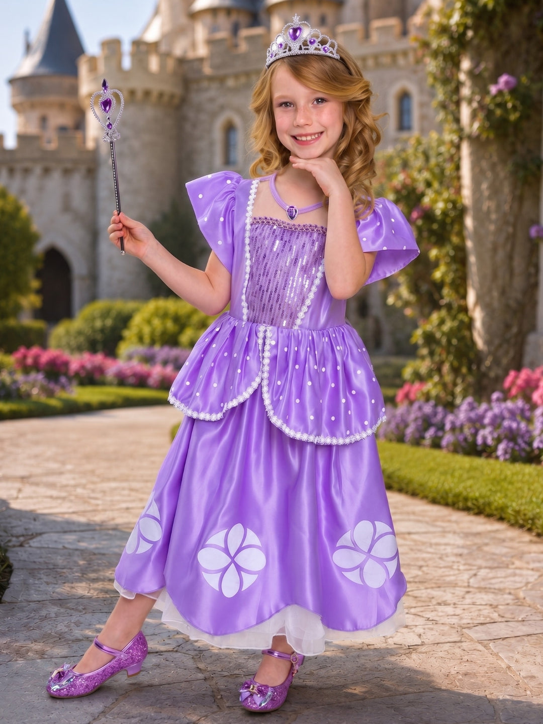 Royal lavender Halloween costume dress for girls with puff sleeves and a twirl-worthy silhouette.