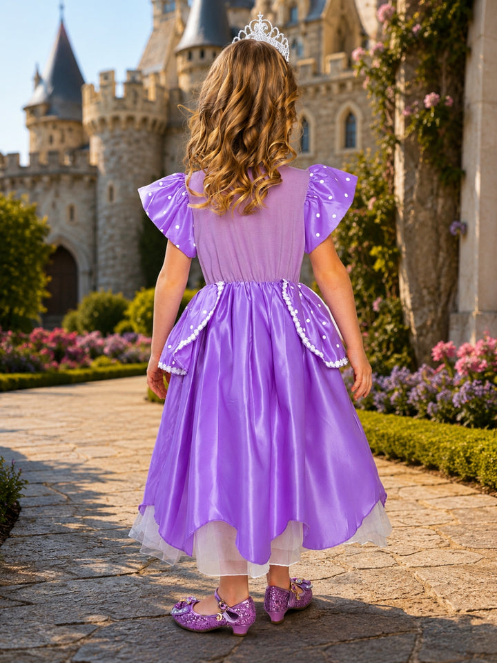 Girls fairy tale princess costume dress with a flowing lavender skirt and regal design.