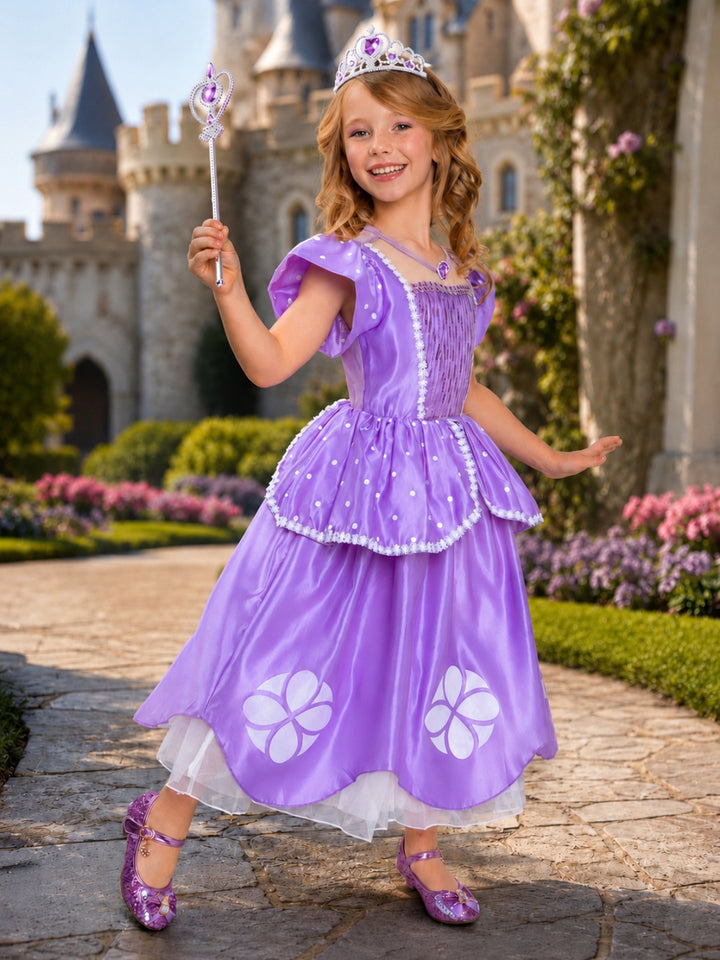 Girl wearing a Royal Lavender Princess Halloween costume dress with a flowing fairy tale gown.