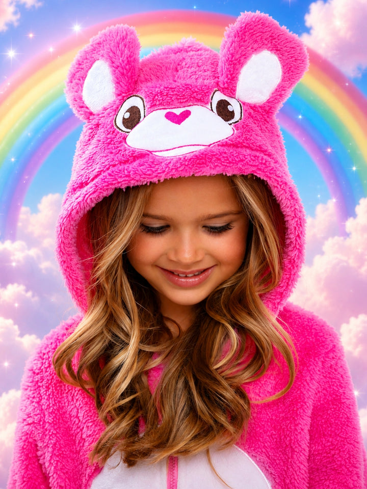 Girls fuzzy bear Halloween costume with colorful rainbow design.