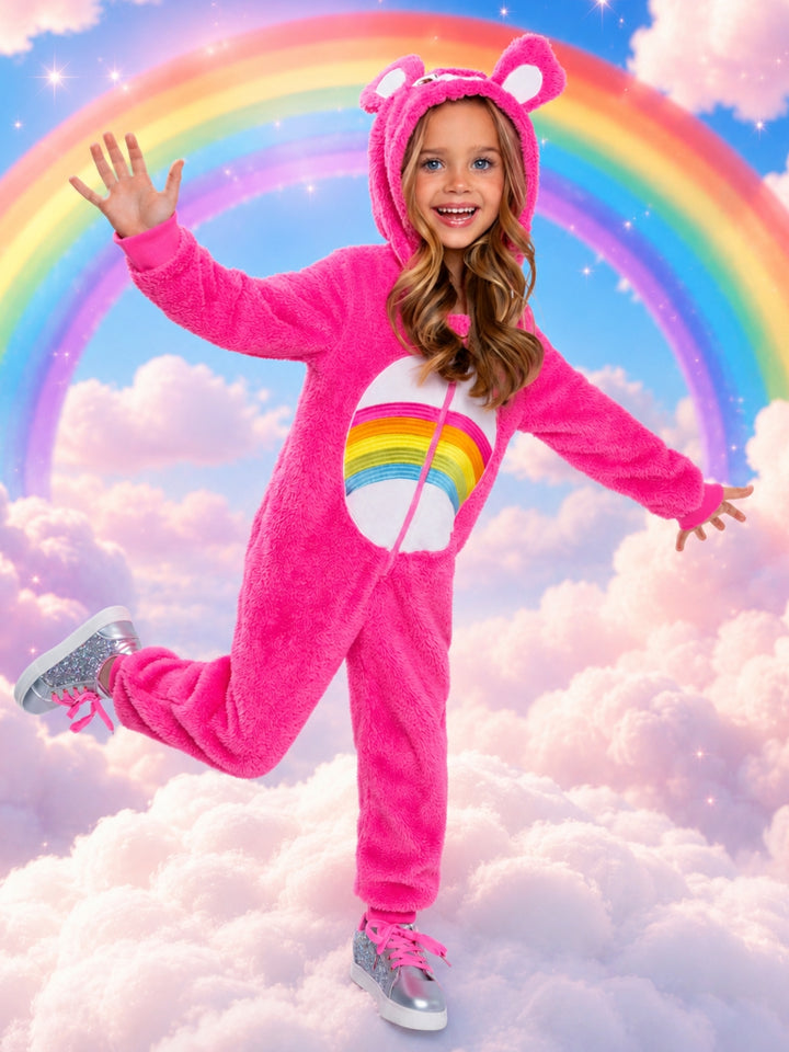 Cozy pink bear Halloween costume for girls with rainbow belly detail.