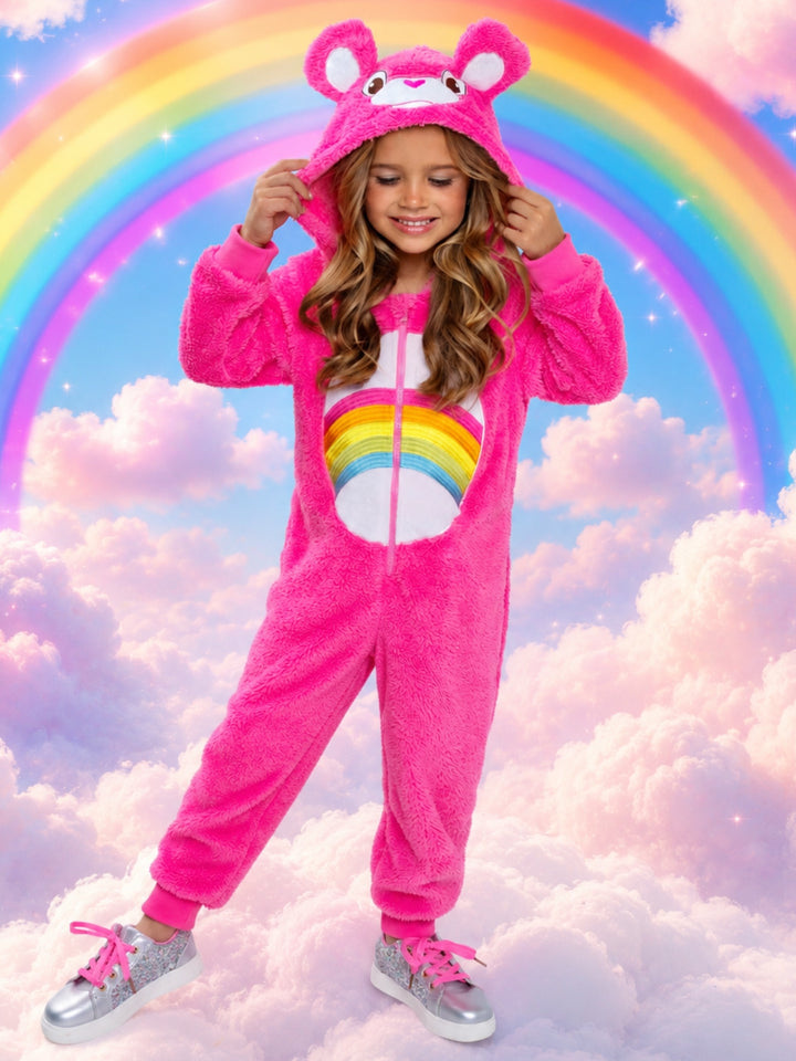 Girl wearing a Rainbow Hug Bear Halloween costume with a plush hooded onesie.