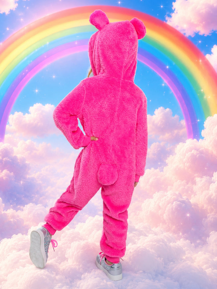 Plush rainbow bear costume for girls with adorable hood and bear ears.