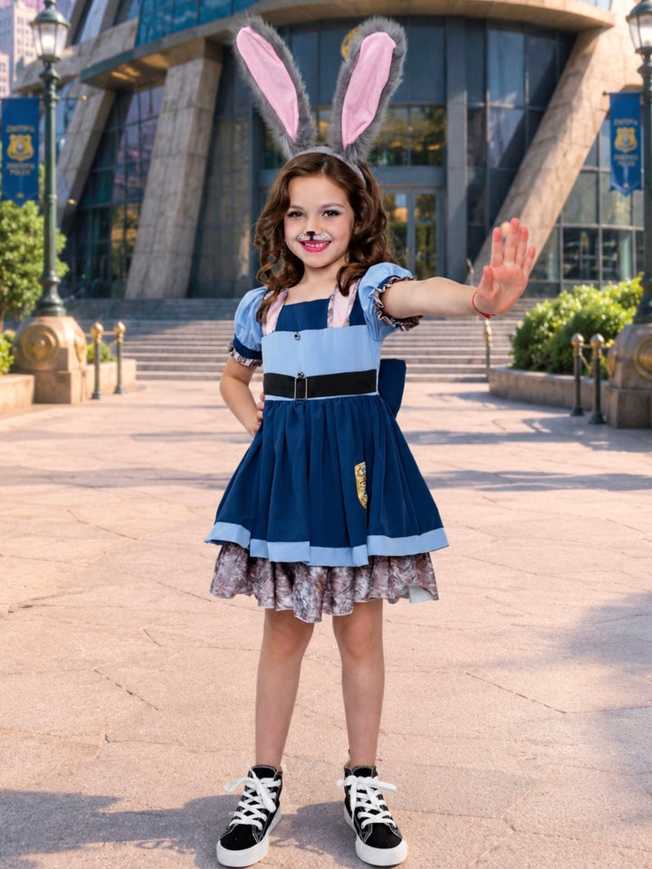 Cute bunny officer Halloween costume for girls with puff sleeves and a twirl skirt.